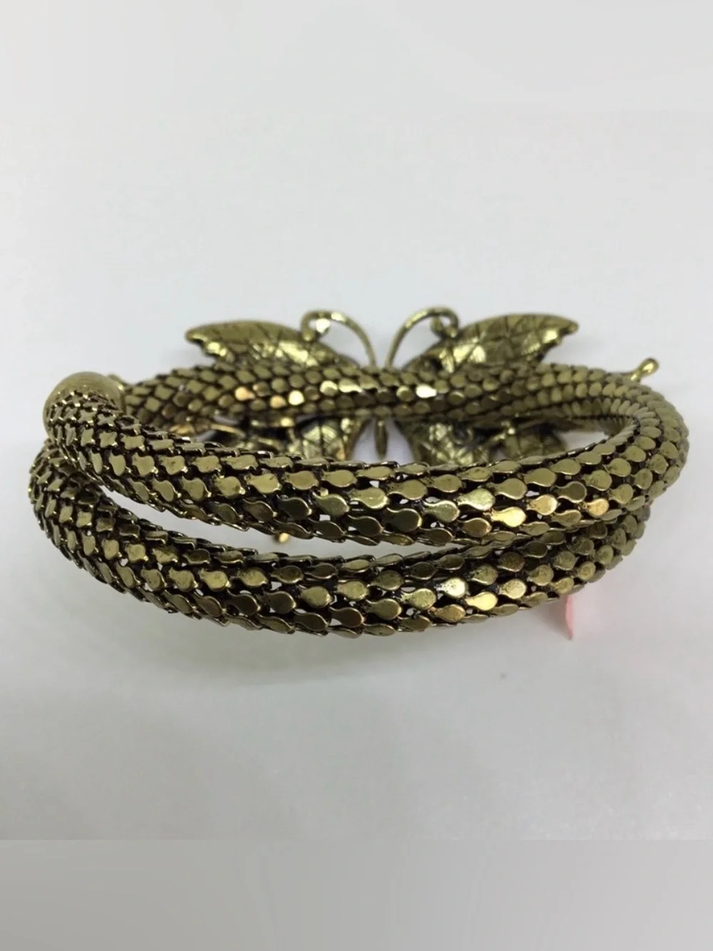 Butterfly statement bracelet gold tone, mesh cuff w red rhinestones new